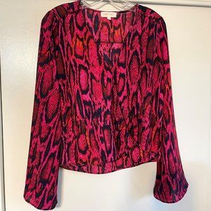 Eight Sixty Pink/Blue Snake Print Long Bell Sleeve Wrap Front V Neck Blouse S